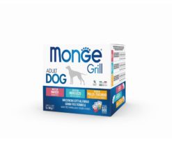 Monge Grill è un alimento completo per cani adulti di tutte le taglie in comodo multipack: 12 buste da 100 grammi con squisiti bocconcini in 3 diversi gusti.