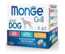 Monge Grill è un alimento completo per cani adulti di tutte le taglie in comodo multipack: 12 buste da 100 grammi con squisiti bocconcini in 3 diversi gusti.