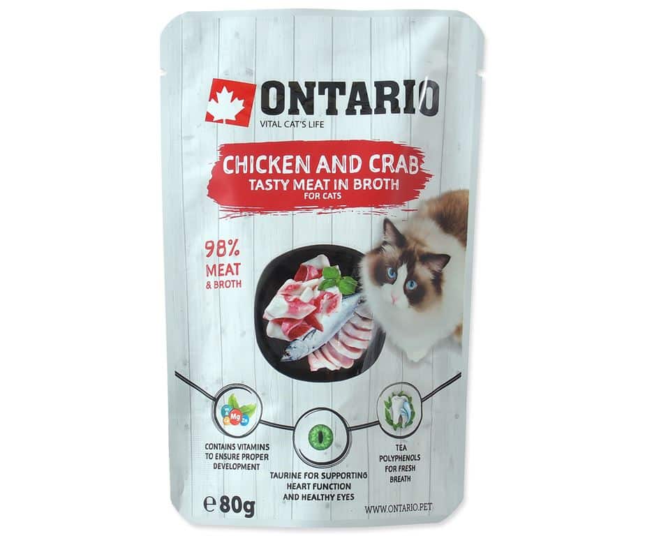Alimento complementare per gatti con pollo e granchio in brodo.
