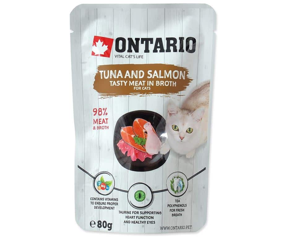 Alimento complementare per gatti con tonno e salmone in brodo.