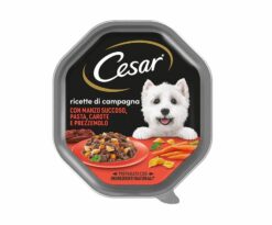 Cesar® ricette di campagna manzo con pasta integrale è la ricetta ideale per deliziare il tuo cane e al contempo dargli tutto il nutrimento di cui ha bisogno grazie ai cereali integrali.