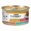 GOURMET Gold Intrecci di gusto salmone e merluzzo è un prelibato alimento completo per gatti composto da teneri pezzettini sminuzzati arricchiti con succulenta salsa.