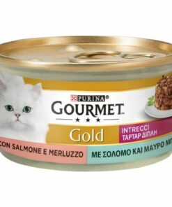 GOURMET Gold Intrecci di gusto salmone e merluzzo è un prelibato alimento completo per gatti composto da teneri pezzettini sminuzzati arricchiti con succulenta salsa.