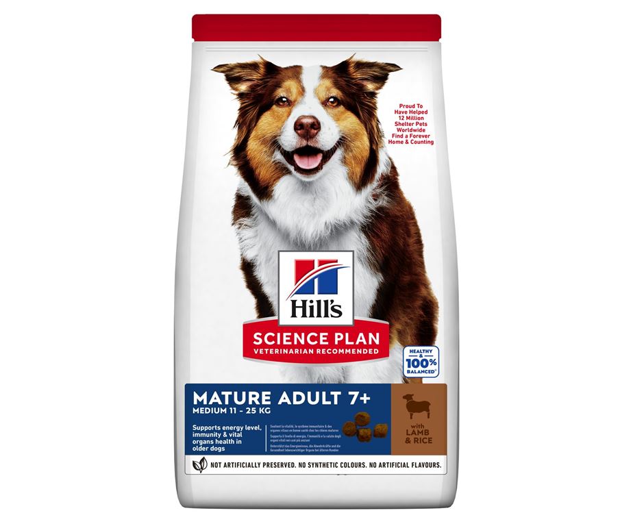 Hill's™ science plan™ medium mature adult alimento per cani con agnello (8%) e riso (6%) è una alimento completo per cani di taglia media a partire dai 7 anni d'età.