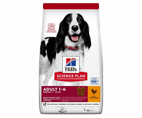 Hill's™ science plan™ medium adult alimento per cani con pollo (pollo 9%; pollame totale 14%) è un alimento completo per cani adulti di taglia media da 1 a 6 anni d'età.