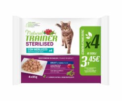 Il cibo umido per gatti adulti Trainer Natural Sterilised è un alimento completo creato specificatamente per soddisfare le esigenze nutrizionali dei gatti sterilizzati.