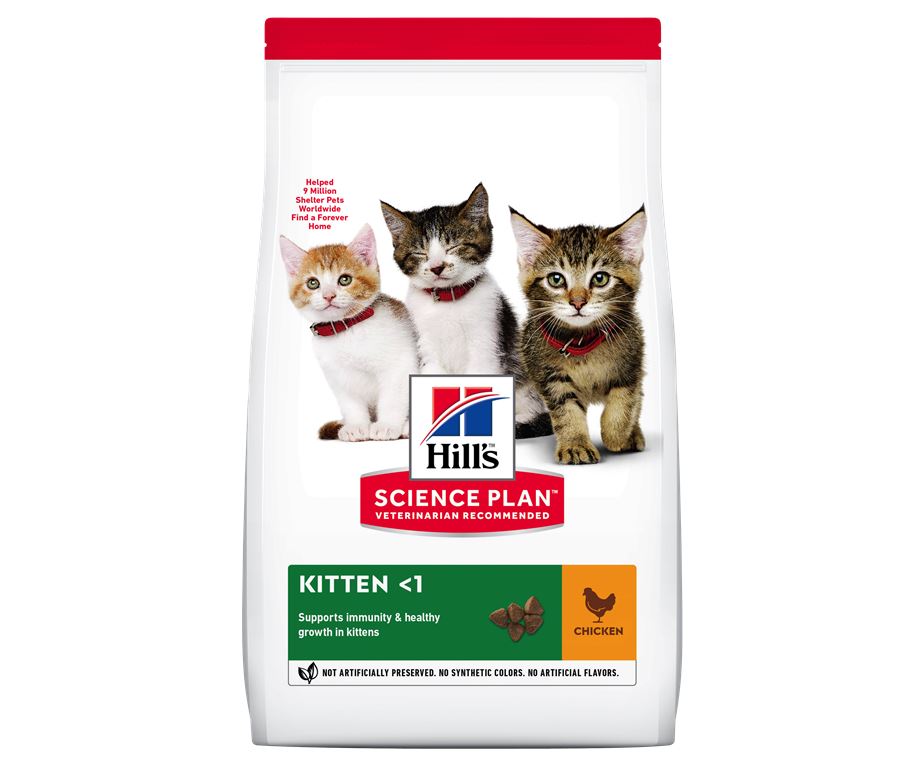 Hill's™ science plan™ kitten alimento al pollo (pollo 29%; pollame totale 45%) è un alimento completo per gattini dalle 3 settimane fino a 12 mesi e per femmine in gravdanza o allattamento.