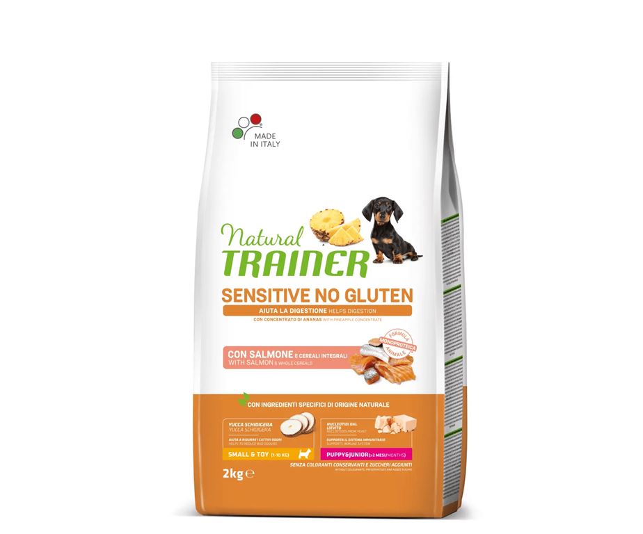 Natural Trainer Sensitive No Gluten Mini Mature con salmone è un alimento secco senza glutine adatto per i cani in età avanzata.