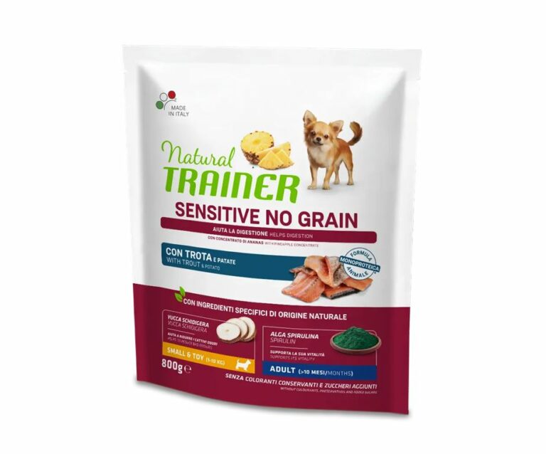 Croccantini per cane Natural Trainer Sensitive No Grain con trota come unica fonte di proteina animale. Ideale per cani di taglia Toy