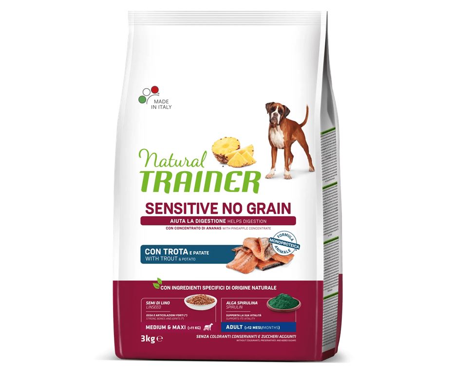 Alimento completo monoproteico no grain per cani adulti di taglia media e grande (oltre 11kg. di peso) con trota e patate. Formulato con un’unica fonte di proteine animali