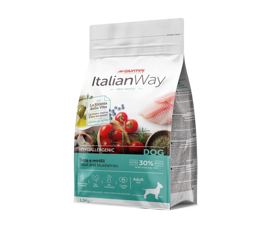 ItalianWay Hypoallergenic – Ideal Weight Trota e mirtilli è un alimento formulato senza cereali per rispondere alle esigenze di cani adulti di taglia piccola e mini.