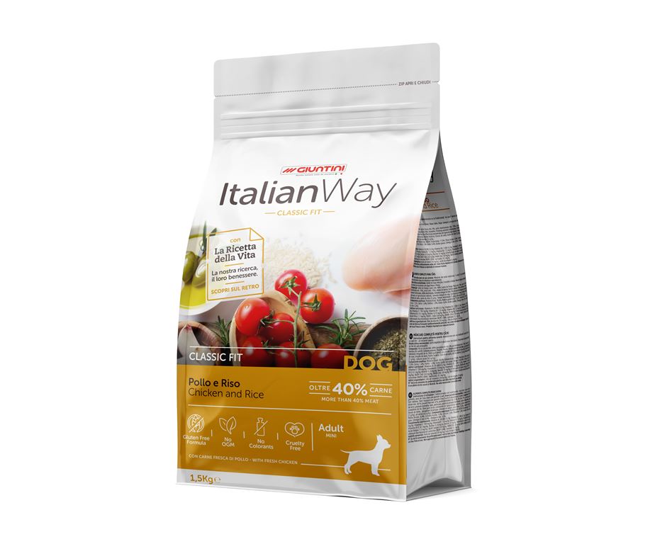 ItalianWay Pollo e Riso è un alimento formulato per rispondere alle esigenze di cani adulti di taglia piccola e mini.