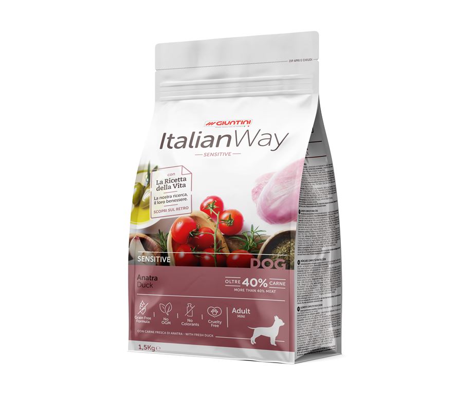 ItalianWay Sensitive Anatra è un alimento formulato per rispondere alle esigenze di cani adulti di taglia piccola e mini con specifiche esigenze nutrizionali.