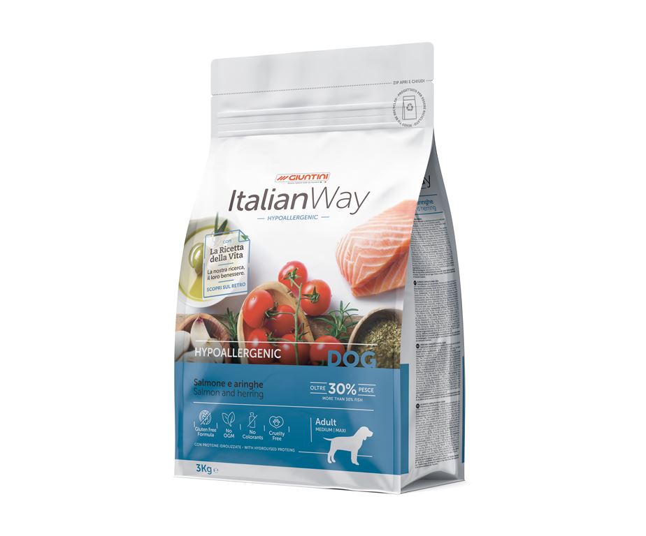 ItalianWay Hypoallergenic Salmone e Aringhe è un alimento formulato per rispondere alle esigenze di cani adulti di taglia media.