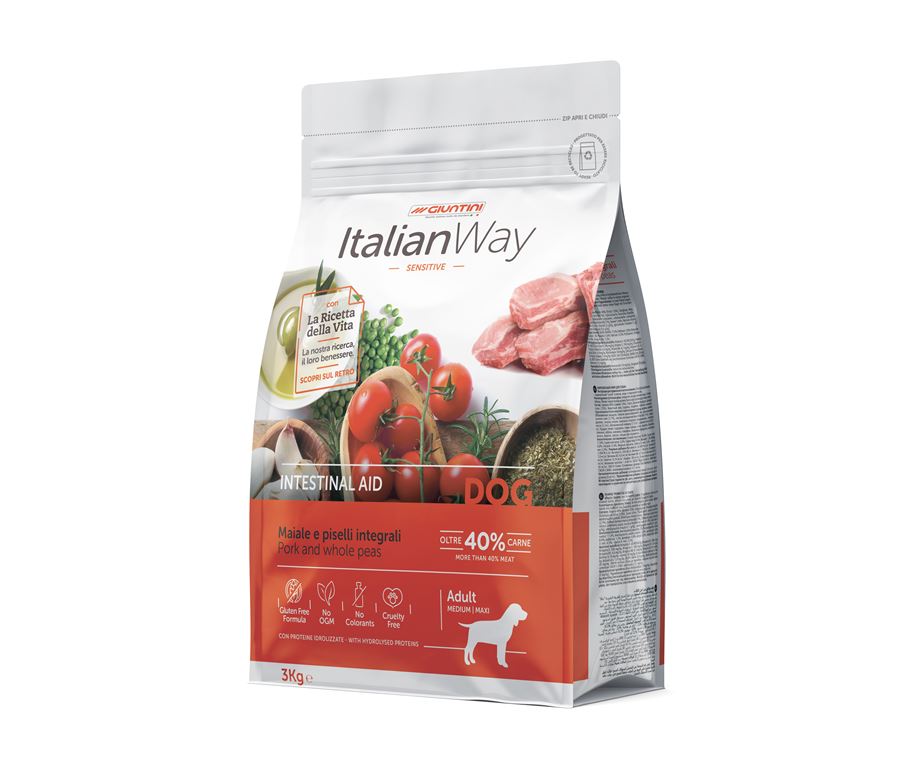 ItalianWay Sensitive Intestinal Maiale e piselli integrali è un alimento studiato per soddisfare le esigenze dei cani con intestini delicati.