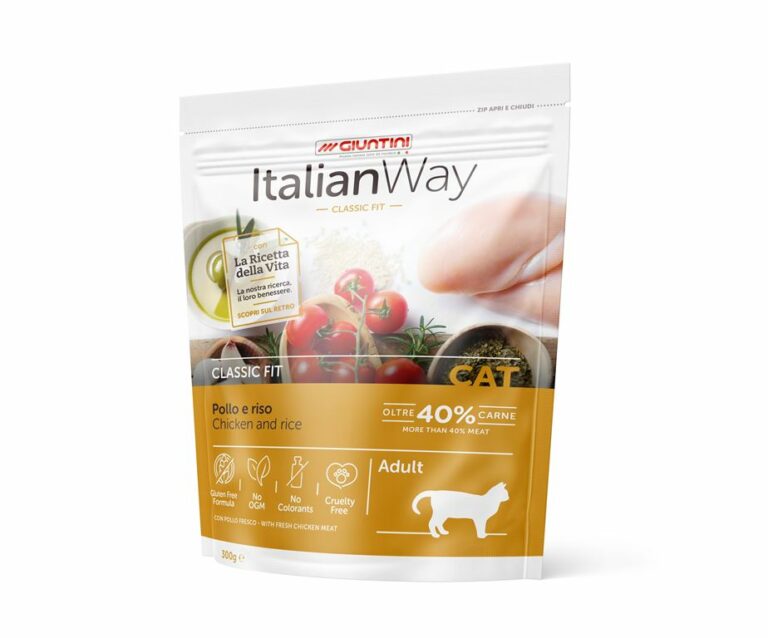 Italian Way Classic Fit Pollo e Riso è un alimento gluten free con oltre il 40% di pollo e tacchino appositamente studiato per garantire al tuo gatto