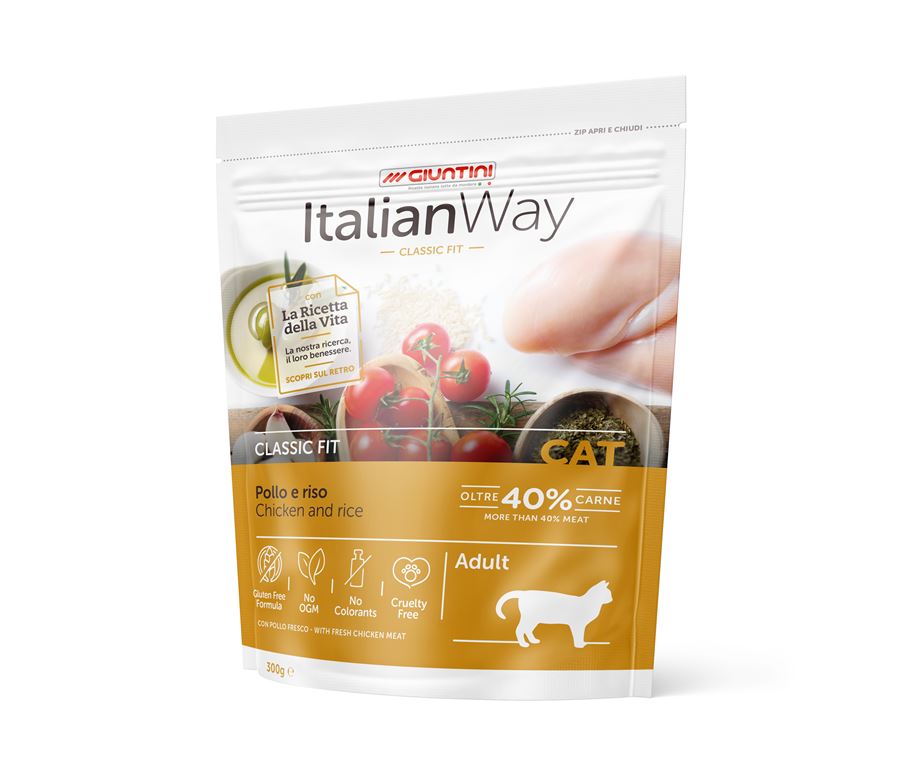 Italian Way Classic Fit Pollo e Riso è un alimento gluten free con oltre il 40% di pollo e tacchino appositamente studiato per garantire al tuo gatto