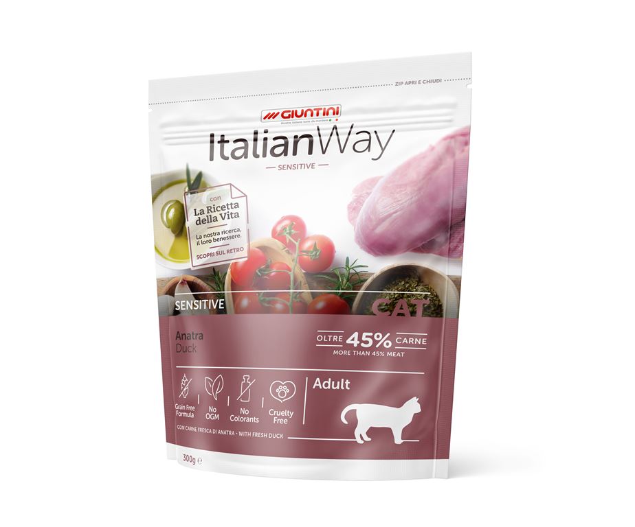 Italian Way Exigent Anatra è un alimento formulato per soddisfare i fabbisogni nutrizionali dei gatti più esigenti.