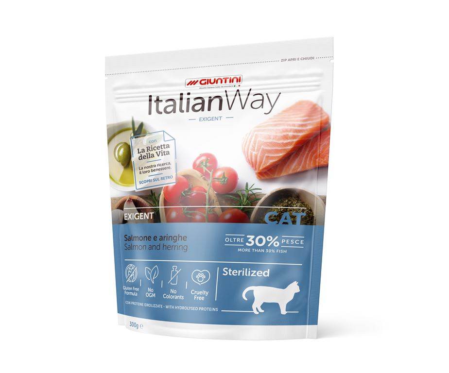 Italian Way Sterilized Salmone e Aringhe è un alimento studiato per soddisfare le esigenze dei gatti sterilizzati.