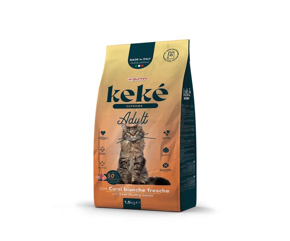 Keké Adult con Carni bianche fresche è una ricetta studiata per gatti adulti