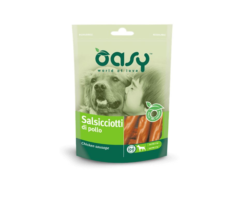 Oasy salsicciotti di pollo è uno snack gustoso e sano per il vostro cane. Premialo con ingredienti di ottima qualità.