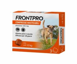 FRONTPRO è una gustosa compressa masticabile ad azione mirata contro pulci e zecche.